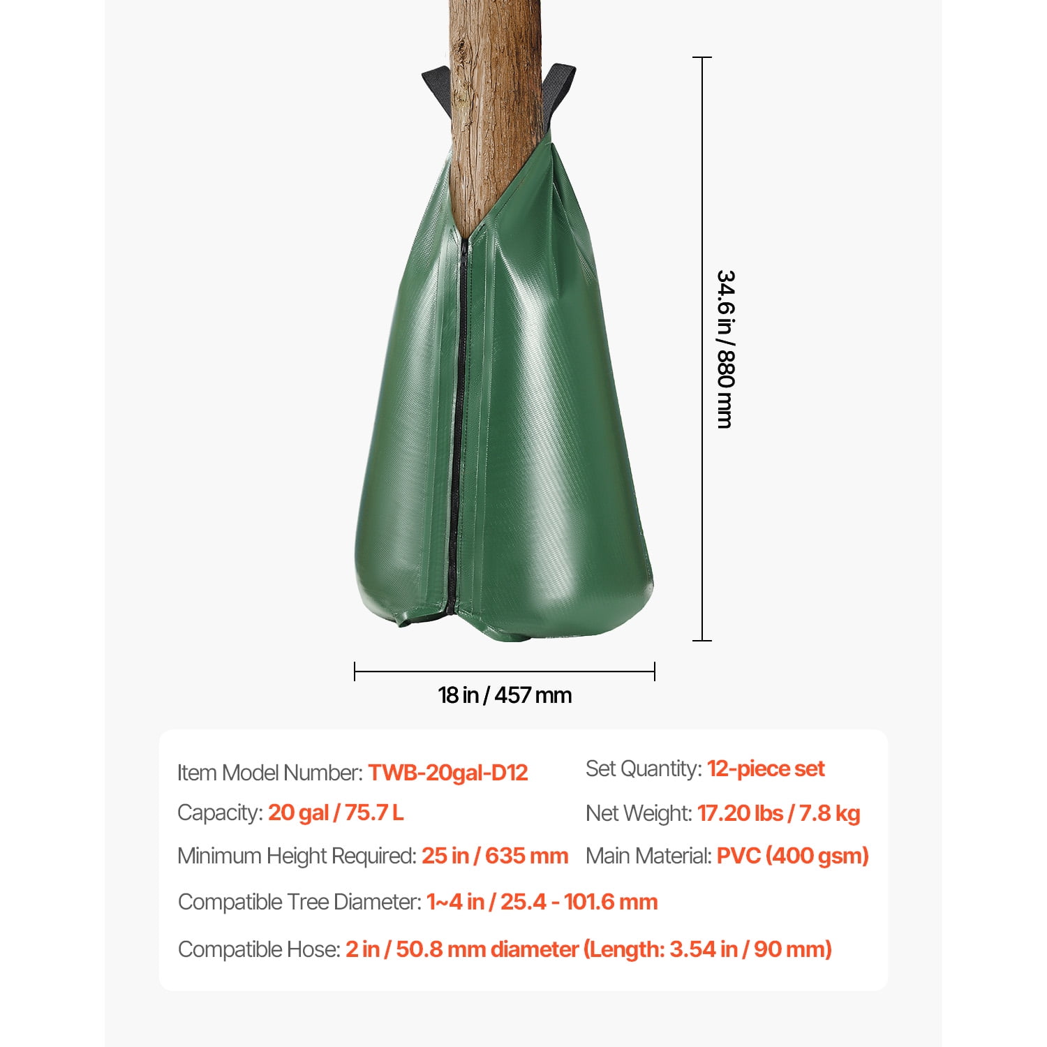 KFFKFF Tree Watering Bag, 12-Pack 20-Gallon Slow Release Irrigation Bags for Trees, 5-9 Hour Drip System with Zipper, Refillable and Durable for Deep Root Hydration