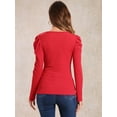 thumbnail image 3 of DARING DIVA Women's Square Neck Puff Long Sleeve Basic Ribbed Tunic Blouse Red L, 3 of 6