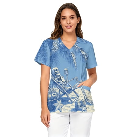 Chririnla Hawaiian Palm Skeleton Print Scrub Tops for Women Soft Stretch V-Neck Short Sleeve Medical Scrub Top with Pockets Plus Size