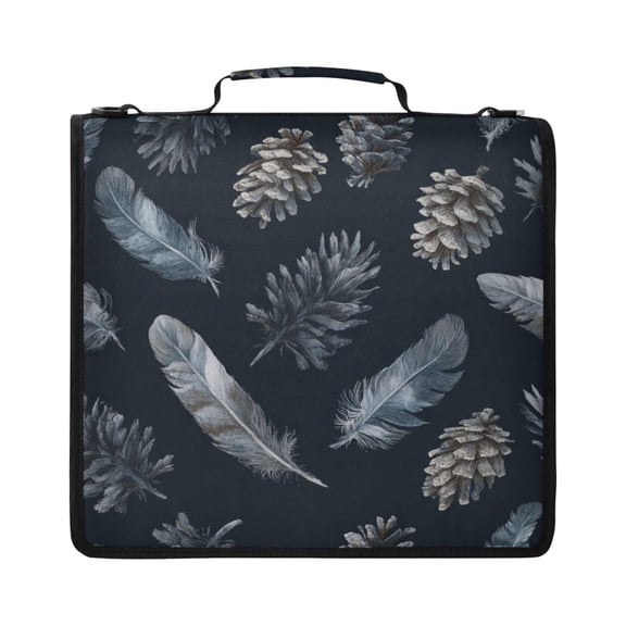 Zipper Binder with Shoulder Strap 2 inch 3 Ring Waterproof File Folder Organizer Bag 500 Sheet Deep Gray Feathers and Pinecones
