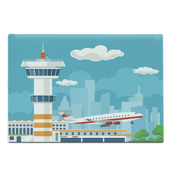 Airport Cutting Board, Nursery Themed Cartoon of Control Tower and Take Off Plane on City Silhouette, Decorative Tempered Glass Cutting and Serving Board, in 3 Sizes, by Ambesonne