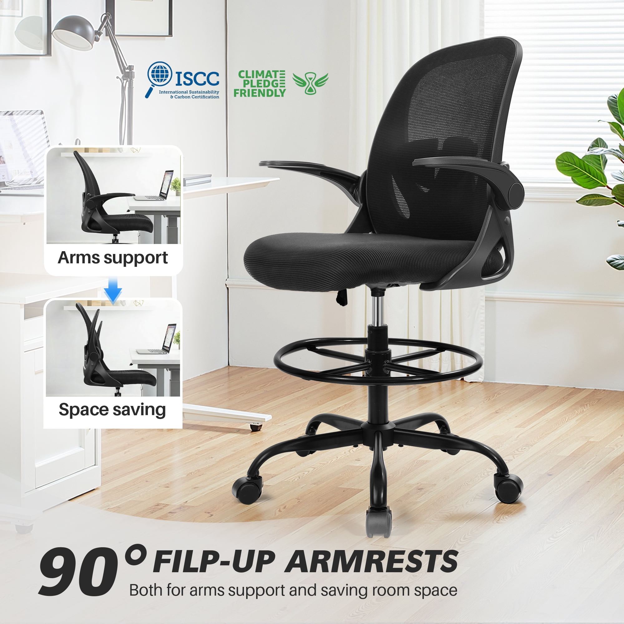 STACOO Ergonomic Office Chair, Drafting Chair with Flip-up Armrests, Executive Computer Standing Desk Chair with Lumbar Support and Adjustable Footrest Ring, Black