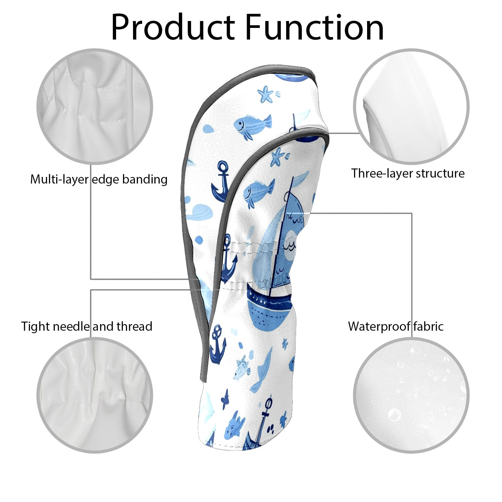 Golf Head Covers Blue Sailboat Pattern for Driver, Wood & Hybrid, Premium Waterproof PU Leather with Plush Lining, Nautical Golf Gifts