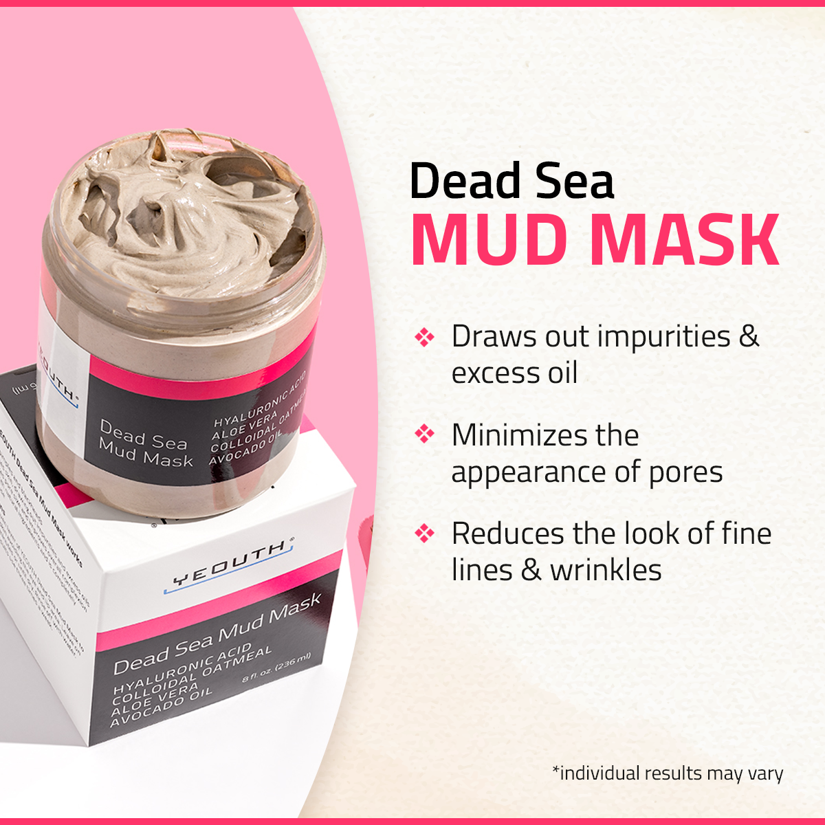 Dead Sea Mud Masks for face with Hyaluronic Acid, Face Masks Skincare Clay Mud for Pore, Wrinkles, Acne & Dark Spots, Anti Aging Facial & Beauty Face Masks for Women & Men by YEOUTH 8oz - image 2 of 7