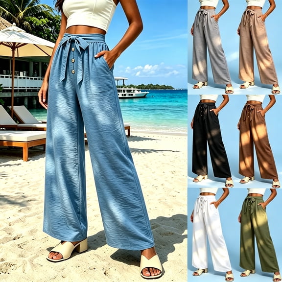 Women's Cotton Linen Wide Leg Pants, High Waist Tie Front Button Decor Textured Trousers with Pockets All-Day Comfort for Work, Office, Travel, Daily | TruBelle,Sky Blue L