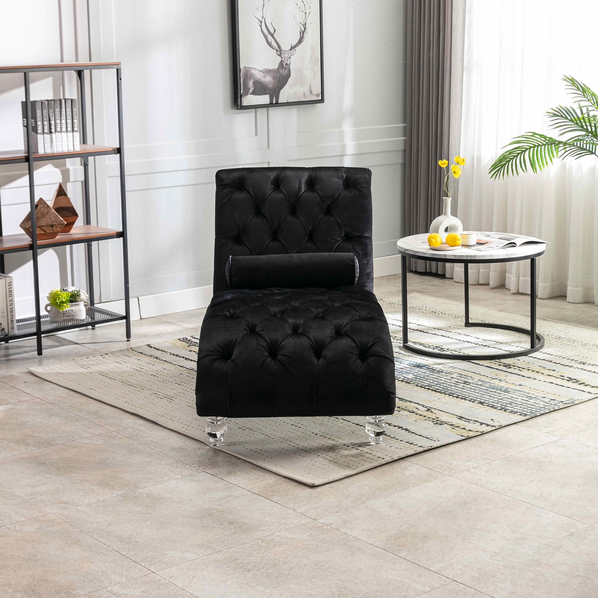 MAYEERTY Velvet Button Tufted Chaise Lounge with Pillow, Ergonomic S-Shape Indoor Lounge Chair with Wood Frame Acrylic Legs for Bedroom Living Room Office