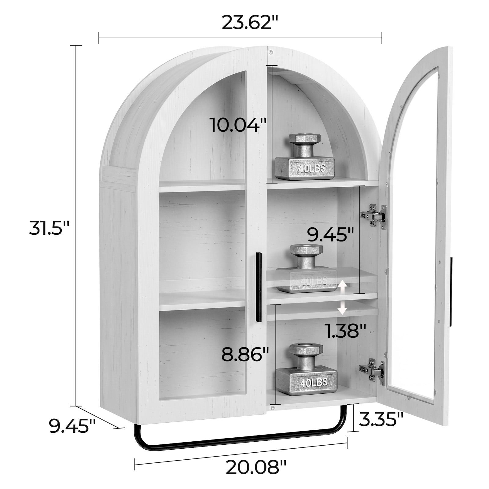 Arched Ceiling 2 Glass Doors 3 Shelves Bathroom Vanity MDF Melamine-Faced Bathroom Vanity with Towel Bar, Grey 23.62*9.45*31.5in