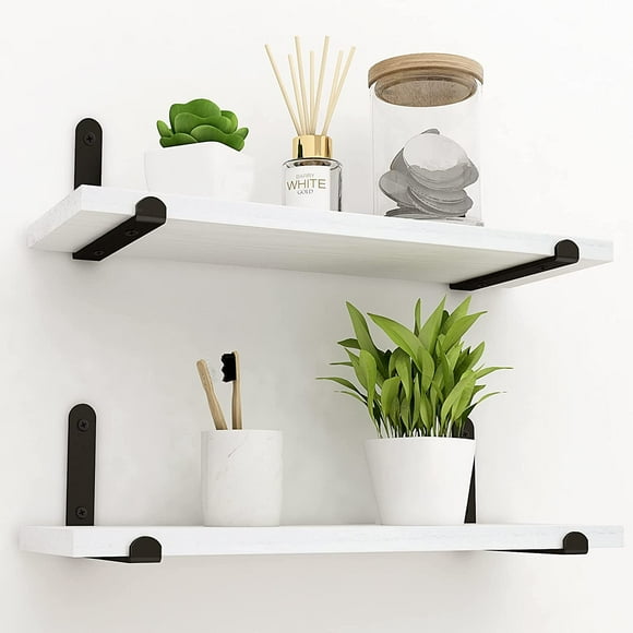 Afuly Wood Floating Shelves 2 Pcs White Wall Shelf with Metal Shelf Brackets for Bedroom Kitchen