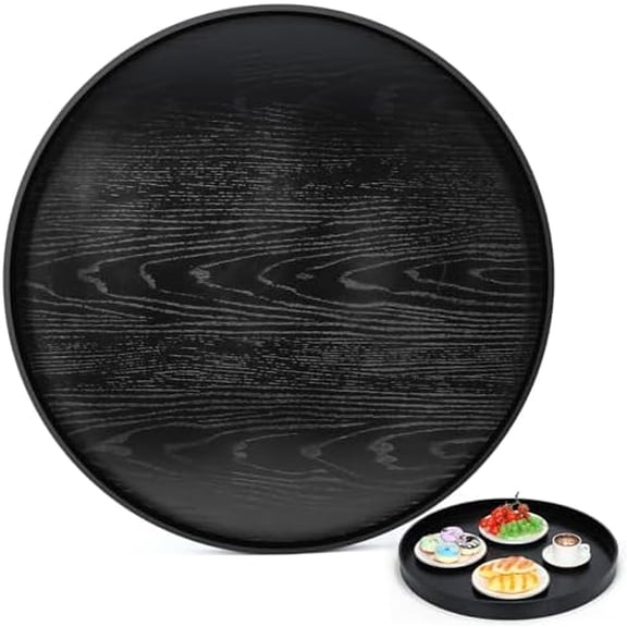 Large Round Serving Tray 24 x 24 Inch Black Solid Wood Tea Tray for Ottoman for Home, Office, Tea House, Bar, Food, Snack, Table, Breakfast Serve, Decorative$$Home Decor, Kitchen, & Other