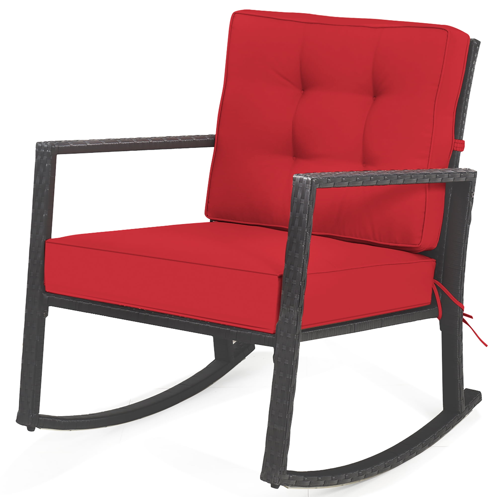 Costway Patio Rattan Rocker Chair Outdoor Glider Wicker Rocking Chair Cushion Lawn Red