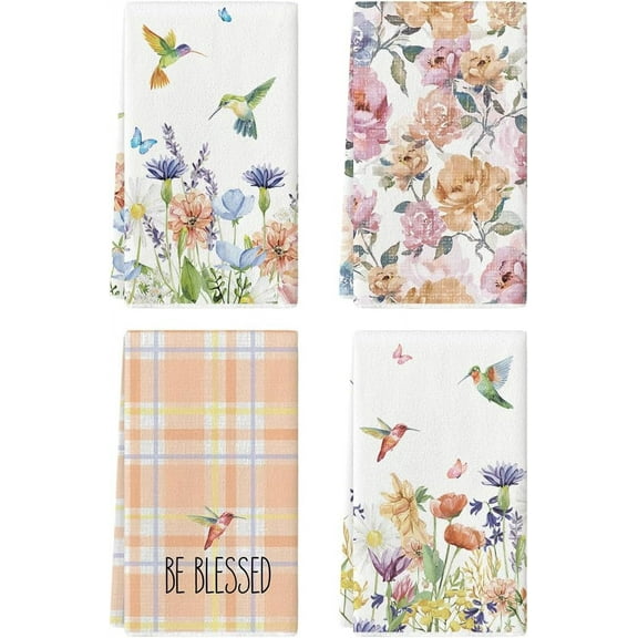 Anemone Flowers Hummingbird Kitchen Towels Dish Towels, 18x26 Inch Seasonal Spring Bless Home Wild Floral Decoration Hand Towels Set of 4