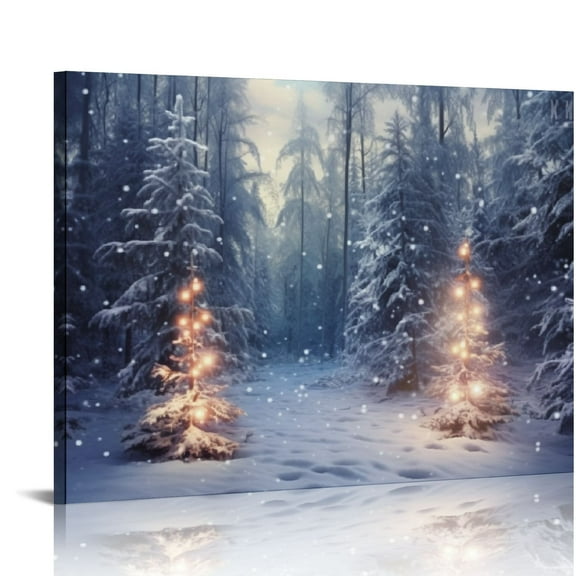 Pratyus Snowy Forest Trees Lights Canvas Wall Decor for Bathroom Home Art Decor Ready to Hang Room 16x12in