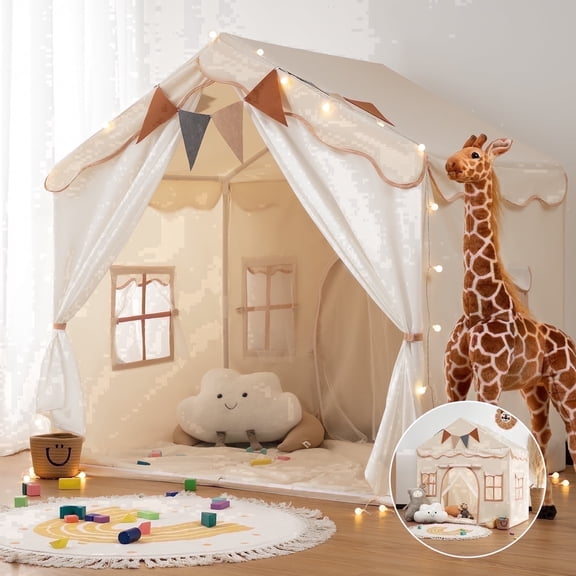 Besrey Kids Play Tent with Padded Mat and Lights,Toddler Playhouse Tent for for Boys/Girls,Child Playhuose with Indoor & Outdoor,Beige