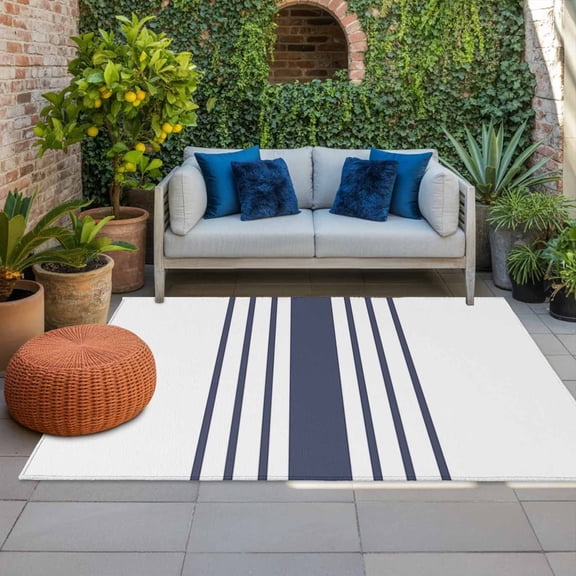 Outdoor Rug 3x5 ft Navy Blue Stripes Outdoor Large Area Rug Non Slip Rubber Vertical Striped Lines Front Door Mat RV Rug Camping Carpet Patio Outdoor Rugs for Backyard Balcony Deck Porch Indoor
