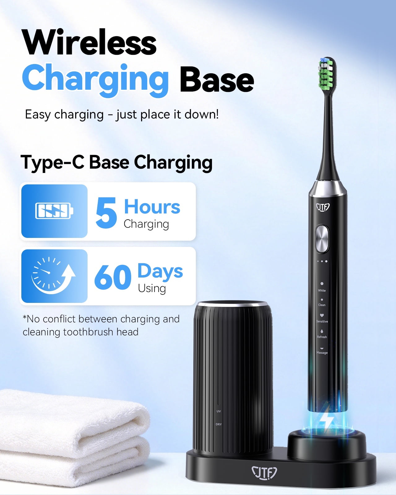 JTF Sonic Electric Toothbrush with UV & Drying: 5 Customized Modes for Effective Yet Gentle Cleaning –with 8 Brush Heads, Rinse Cup, Wireless Charging Base, Rechargeable for Daily Care, Home & Travel