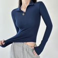 thumbnail image 4 of Tiqkatyck Womens Long Sleeve Shirts, Women's Casual Elastic Long Sleeve Slim Fitting Half Zippered Lapel Solid Color T Shirt Crewneck Sweat Shirts, Women Summer Tops Dark Blue L, 4 of 7
