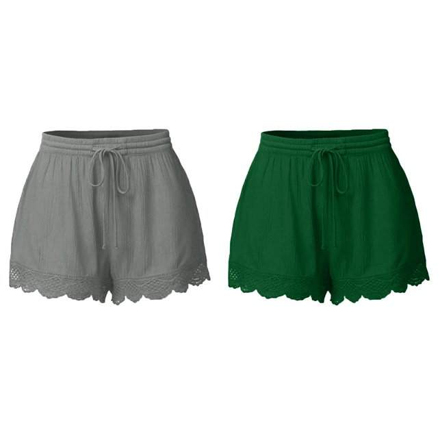 (2-Pack) Rinsvye Shorts for Women Casual Summer Shorts for Women Elastic Waist Drawstring Yoga Workout Shorts for Women Shorts Comfy Stretch Lace Workout Shorts Women Trim Beach Linen Ruffle Shorts