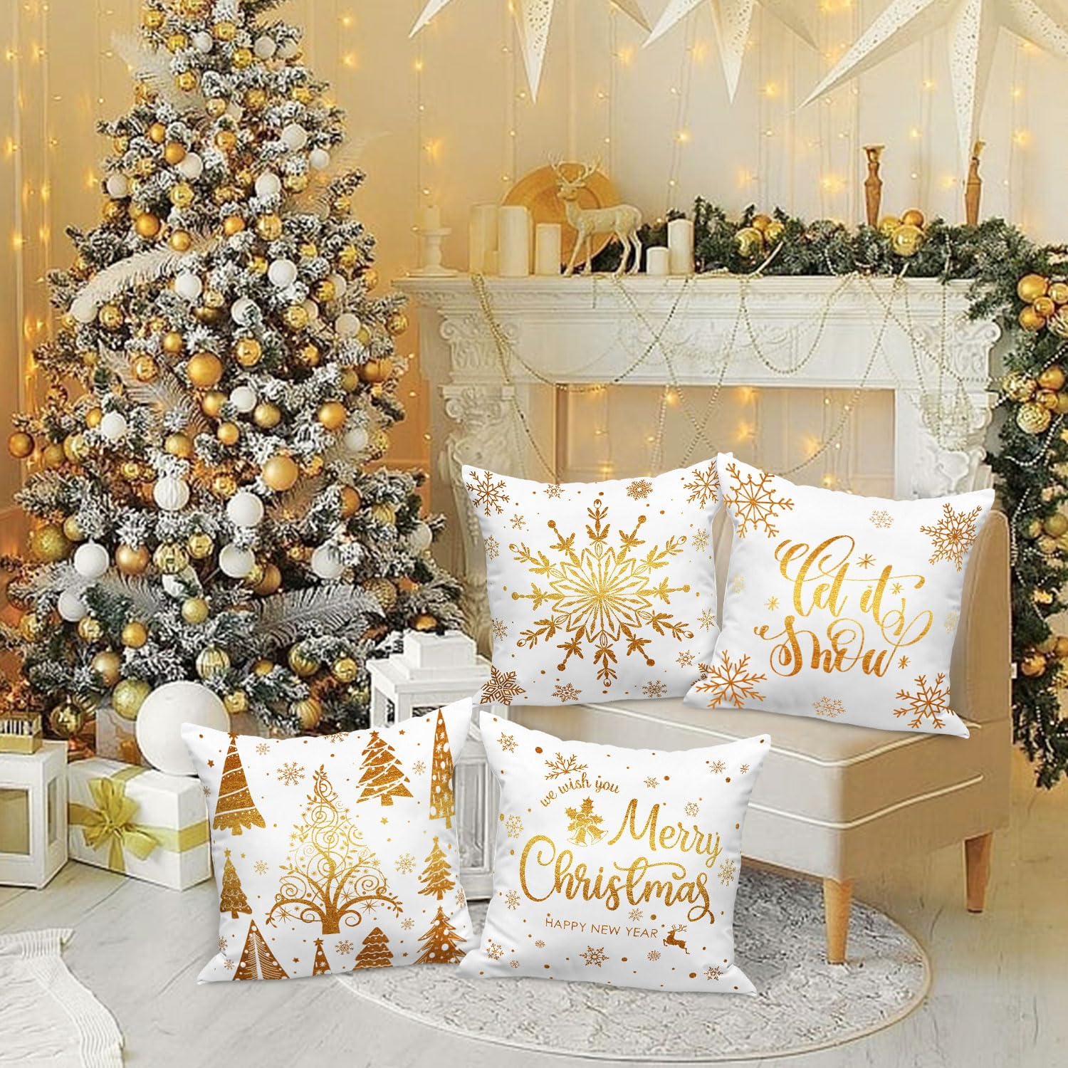White and Gold Bronzing Christmas Throw Pillow Covers 18x18 Set of 4, 18 inch Decorative Xmas Cushion Covers Pillow Cases for 18 x 18 Home Bedroom Room Holiday Couch Decor Decorations