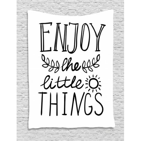 Enjoy the Little Things Tapestry, Monochrome Lettering with Sun and Laurel Leaf Motivational, Wall Hanging for Bedroom Living Room Dorm Decor, 40W X 60L Inches, Black and White, by