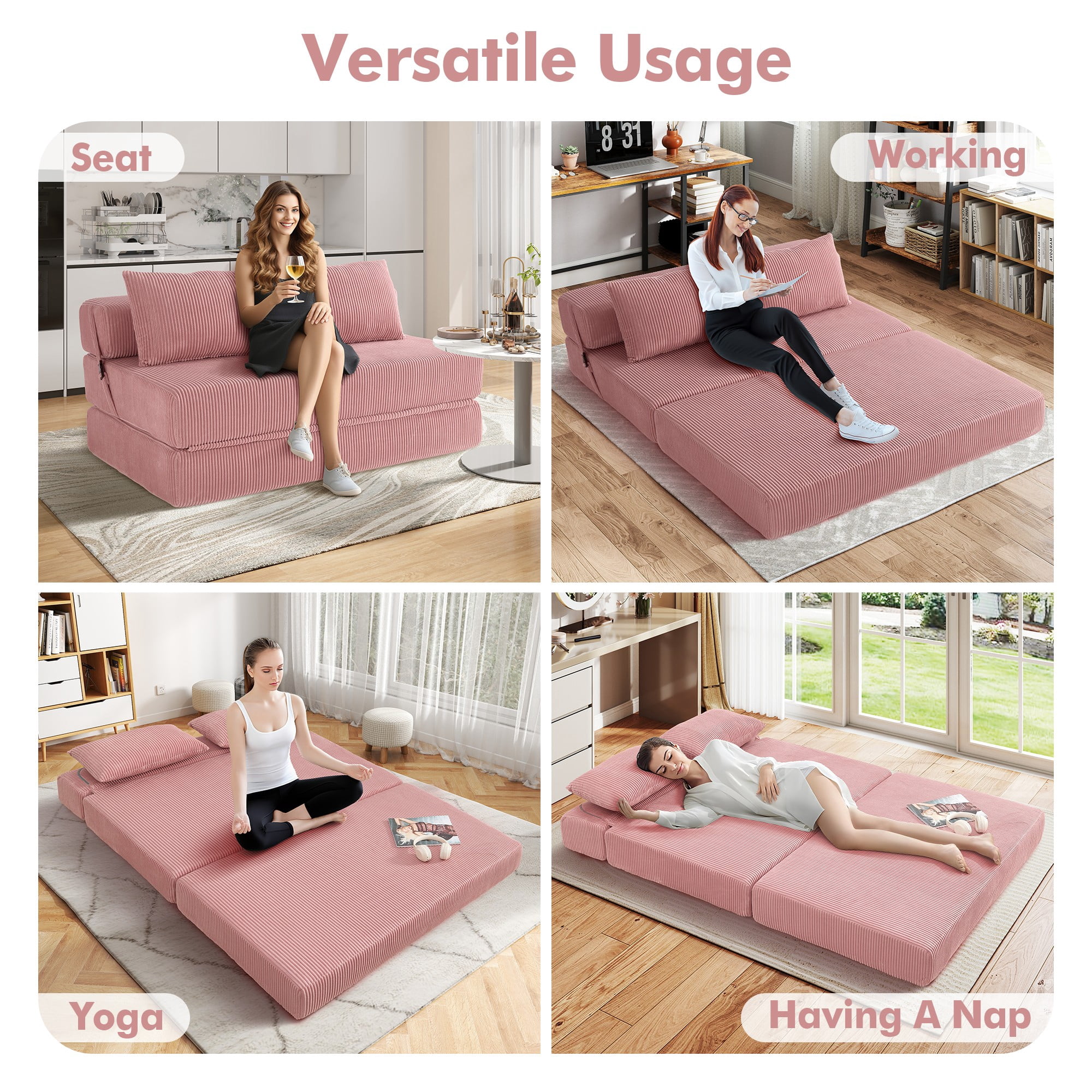 Aukfa Full Size Folding Sofa Bed, Loveseat Sleeper, Corduroy Convertible Floor Couch Mattress for Living Room, Dorm, Guest Room, Pink