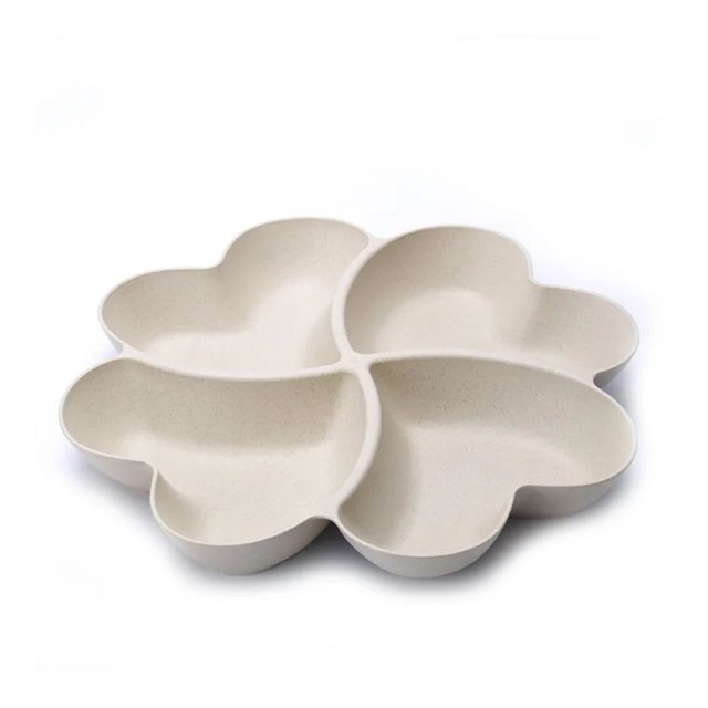 Plateau à Fruits à 4 Compartiments en Forme de Cœur, Assiettes Créatives, Boîte de Rangement, Assiettes à Fruits Secs, Assiettes à Collation, Assiette à Dessert Divisée, Contenant 1 Pce Beige 27cm