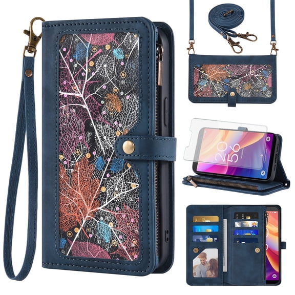 Asuwish Vintage Leather Flip Wallet Case with Kickstand, Embossed Pattern, Zipper Slot, Crossbody & Wrist Strap, Tempered Glass for TCL 501, Blue