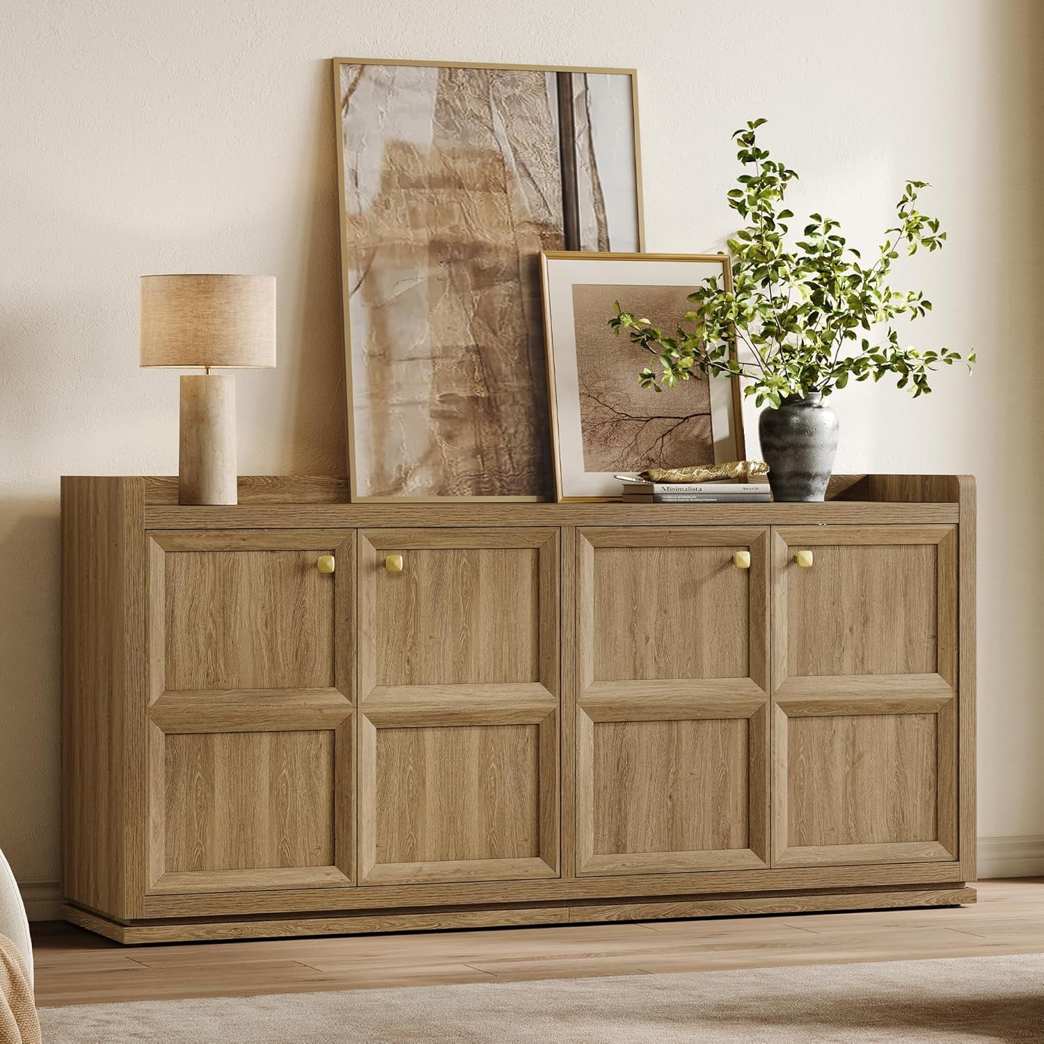 61.7" Buffet Cabinet 4-Door Sideboard Kitchen Living Room Brown Oak | Geometric Doors & Elegant Gold Handle, Slow-Close Door, 2 Separate Bays, 3-Level Adjustable Shelf, Kid & Pet Safe, 77 lbs Top