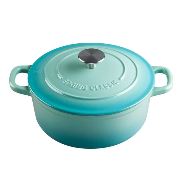 Horno holandés de 5.5 cuartos con cubierta de hierro fundido esmaltado con bordes y doble asa para hornear pan, con tapa, color azul pavo real