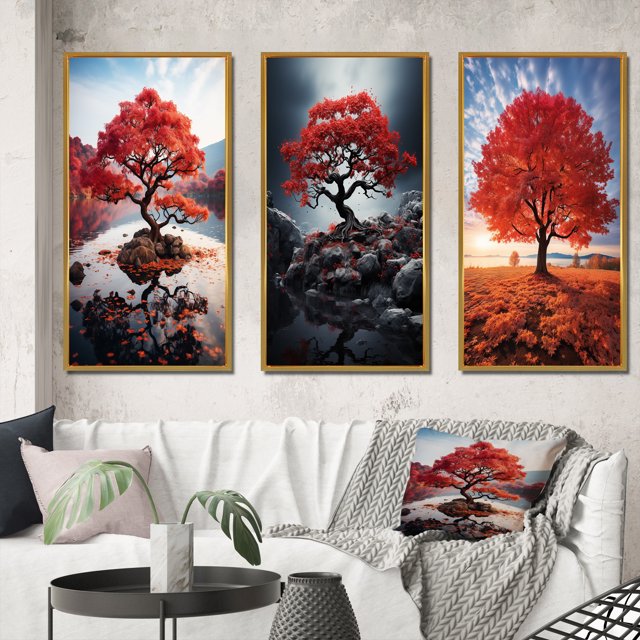 Designart "Coral Tree Maple Euphony" Floral Framed Wall Art Set Of 3 - Coral Tree Maple Frame Canvas Set For Living Room Decor