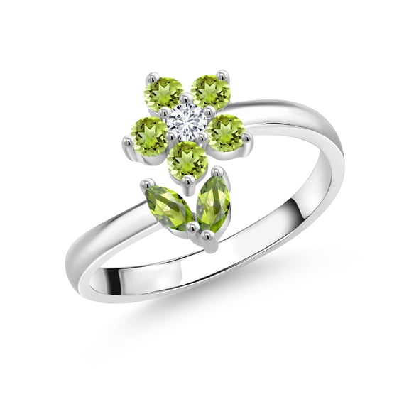 Gem Stone King 925 Sterling Silver Green Peridot and White Lab Grown Diamond Flower Open Ring for Women (0.59 Cttw, Gemstone August Birthstone, Size 7)