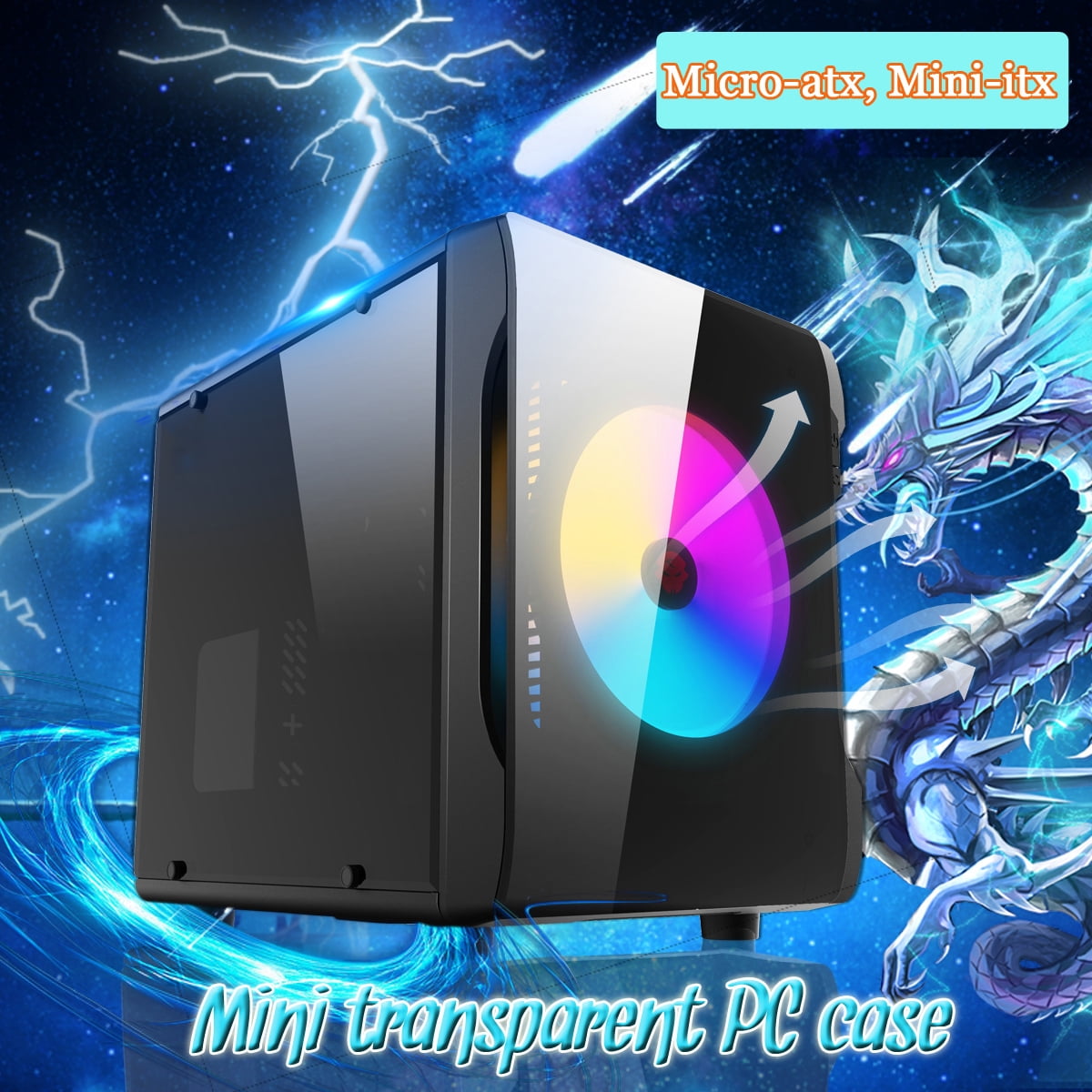 Mini ITX M-ATX USB 3.0 Tempered Glass Computer Gaming PC Case with LED Fan