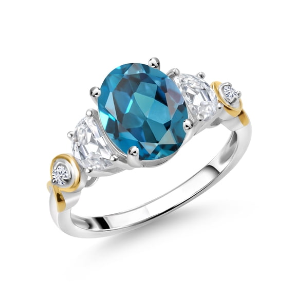 Gem Stone King 925 Silver and 10K Yellow Gold 3-Stone Ring Oval London Blue Topaz and Moissanite (2.75 Cttw, Size 8)