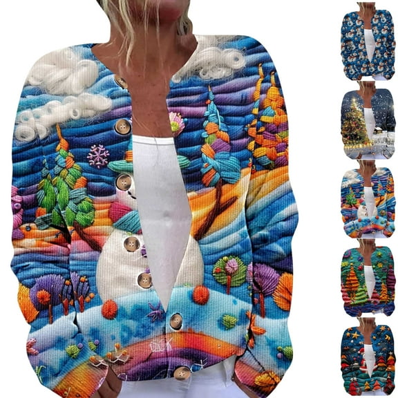 Christmas Sweaters for Women Holiday Graphic Button Down Open Front Comfy Cardigan Loose Fitted Long Sleeve Crewneck Knitted Merry Sweatshirts