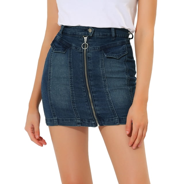 Allegra K Faldas de mezclilla para mujer Minifalda de mezclilla de cintura alta ajustada con cremallera frontal blues M