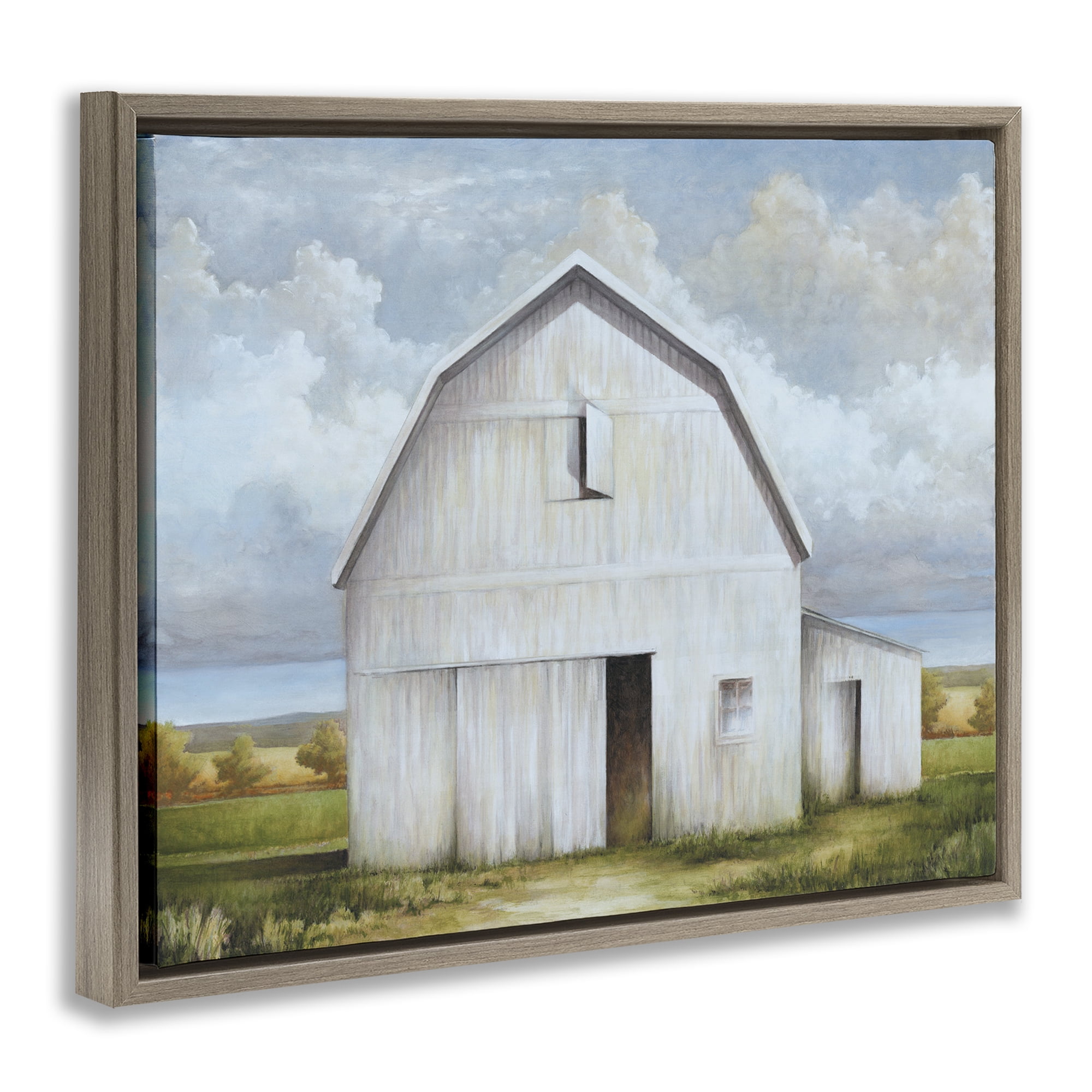 Stupell Industries White Barn with Clouds Landscape Painting Brown Floater Framed Canvas Art Print Wall Art, 21 x 17