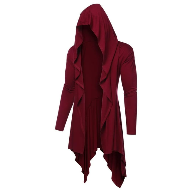 aohooy Men's Lightweight Long Draped Cardigans Open Front Ruffle Shawl Collar Halloween Hooded Cloak 2025 Wine,XL