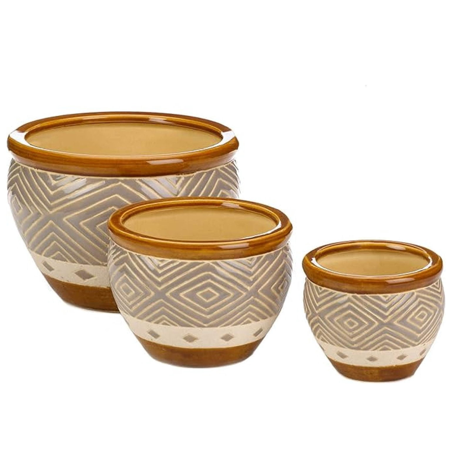 Ceramic Planter Set of 3 - Earth Tone Flower Pots for Indoor & Outdoor Plants - Decorative Plant Pots for Patio, Garden, Sunroom - 12x12x8.5 Inch