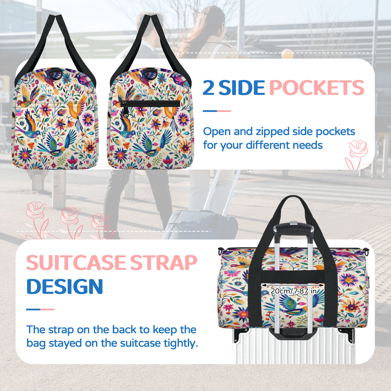 Herdesigns Mexica Mexico Floral Bird Gym Bag for Women, Duffle Bag for Travel Sport, Lightweight Waterproof Carry on Weekender Overnight Dance Yoga Workout Bags