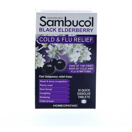 Sambucol Black Elderberry Cold & Flu Relief Tablets  30 Tablets Sambucol Black Elderberry Cold & Flu Relief provides fast  temporary  homeopathic relief from cold & flu symptoms like nasal and sinus congestion  runny nose  sore throat  coughing  sneezing  chills & fever; Take at the first sign of cold and flu symptoms Recommended for the whole family  Sambucol Cold and Flu Relief can be used by ages 4+ & works best when taken at the first sign of cold or flu like symptoms; The great tasting Sambucol Cold & Flu Relief tablets quickly dissolve in the mouth without water Sambucol Black Elderberry Cold & Flu Relief is suitable for vegetarians  non drowsy  and non habit forming; It has no known drug interactions or side effects and provides temporary  quick relief from nasal & sinus congestion  coughing  chills  and fever Certain flavonoids anthocyanins are found primarily in the pigments of dark blue and deep purple fruits