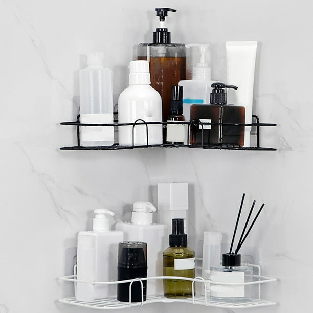 Estante de almacenamiento para baño sin perforaciones | Estante de hierro de doble capa montado en pared | Organizador de esquina para inodoro, lavabo y lavamanos | Negro blanco | 10.2x10.2x2.4in