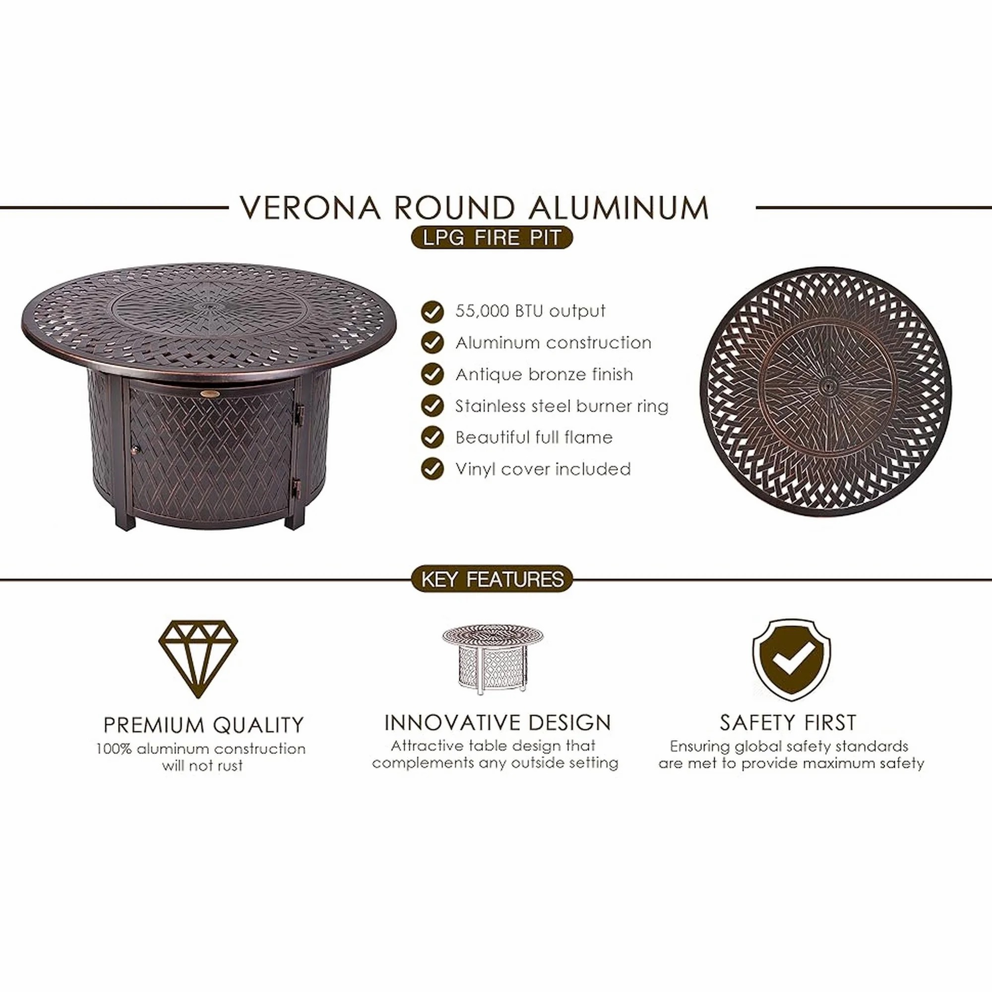 Vulcan Verona Round Woven Aluminum Gas Fire Pit with Nylon Cover & Clear Fire Glass – Bronze Finish, 44"