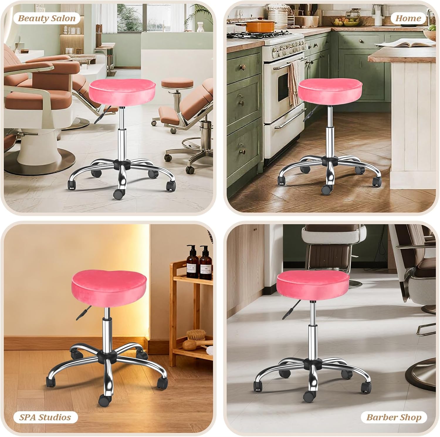 OmySalon Rolling Stool with Wheels, Hydraulic Massage Chair, Heart-Shaped Adjustable Salon Stool, Swivel Stools for Hair Stylist, Vanity SPA, Bar, Barber, Home Office, Tattoo, Hot Pink