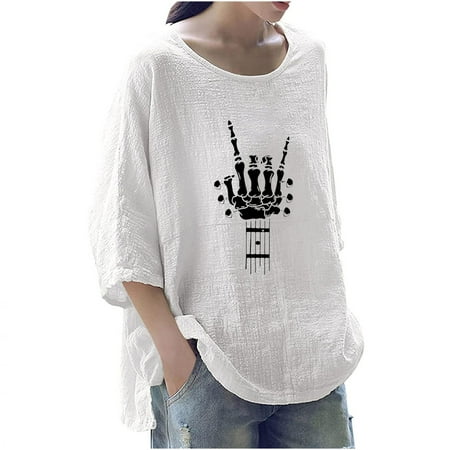 

Ziloco Women s Fashion Printed Round-Neck Loose 3/4 Sleeve T-shirt Pullover Tops long sleeve tops for women scrub tops women White M