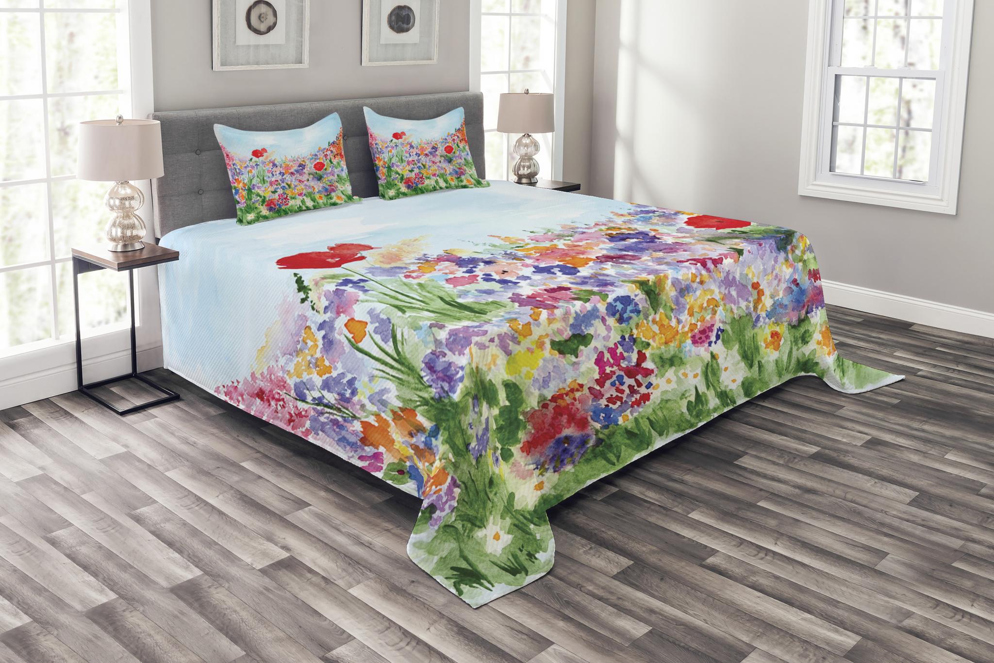 Watercolor Flower Bedspread Set, Floral Summer Garden with Grass and