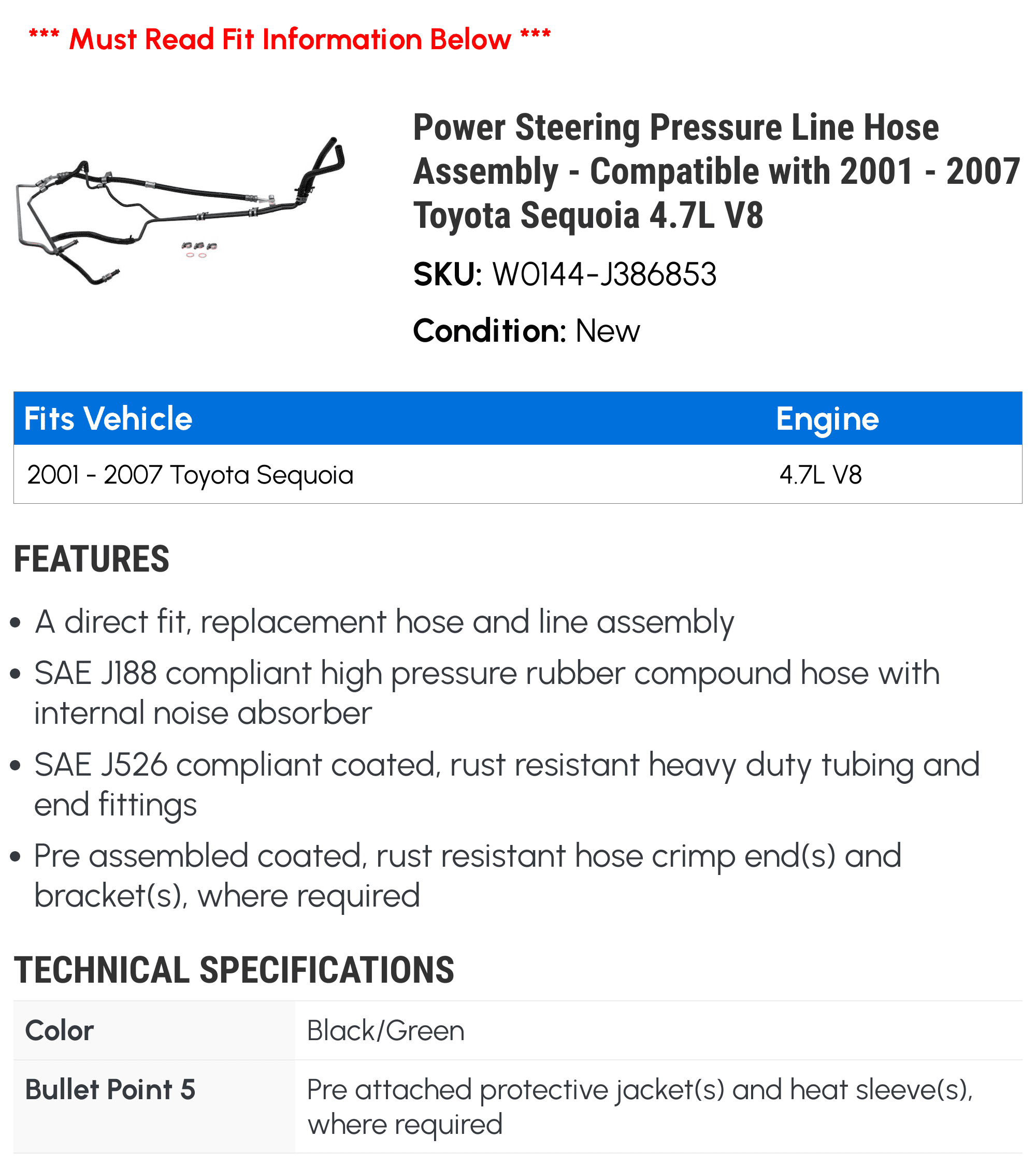 Power Steering Pressure Line Hose Assembly - Compatible with 2001 - 2007 Toyota Sequoia 4.7L V8 2002 2003 2004 2005 2006
