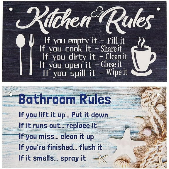 1Bag 2Pcs Kitchen Rules Wood Sign Bathroom Rules Wood Plaque Hanging Decor for Door Sign Rustic Rectangle Wooden Painting Hanging Wall Art Jute Rope Hanging Decoration for Home 7.87x3.94Inch