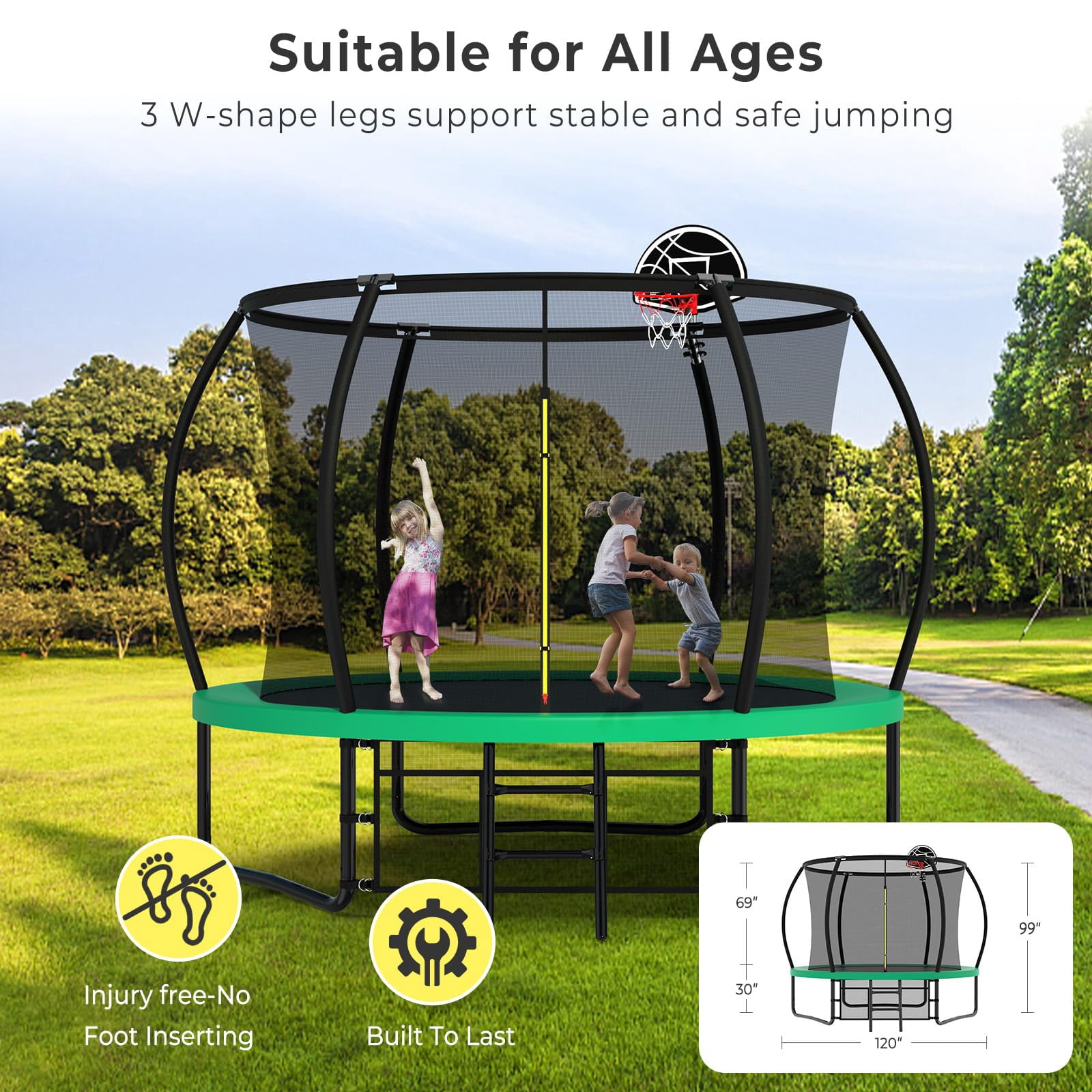 JOYFULIN Trampoline, 10FT Trampoline for Adults and 3-4 Kids, 1000LBS Trampoline with Enclosure, Basketball Hoop, Shoes Bags, Galvanized Full Spray Outdoor Recreational Round Trampolines