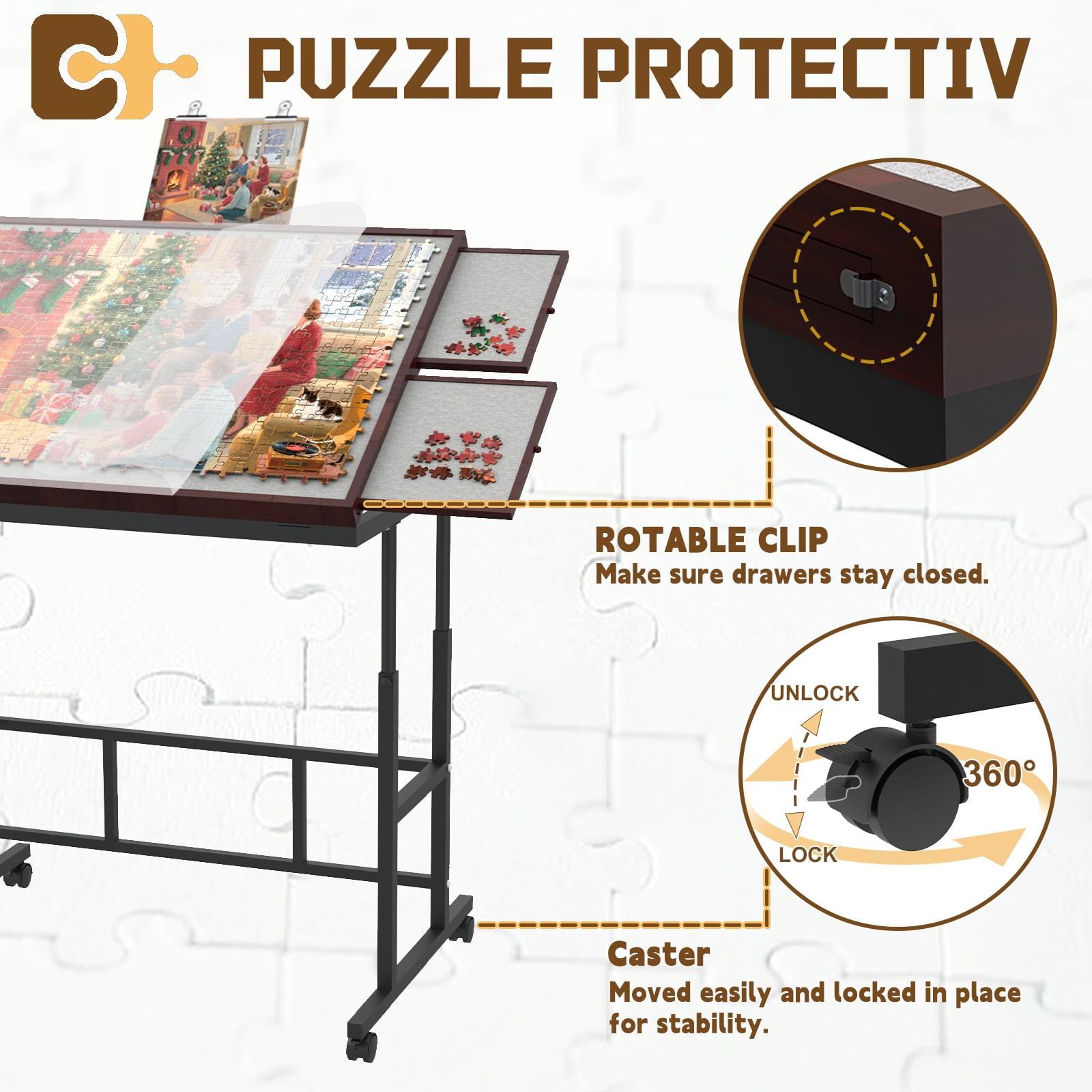 Jigsaw Puzzle Table for Adults with Drawers&Storage Pocket, Jigsaw Puzzle Board with Legs and Wheels, 5 Adjustable Height&Tilting, Coffee Color