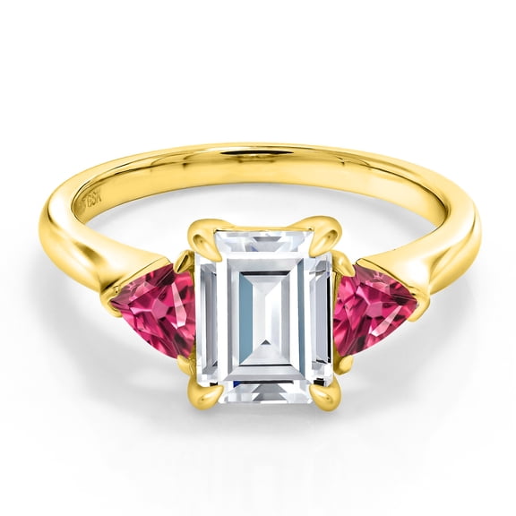Gem Stone King 18K Yellow Gold Plated Silver White Moissanite and Pink Tourmaline 3-Stone Ring for Women (2.07 Cttw, 8X6MM Emerald Cut and 3.5 Trillion, Gemstone Birthstone, Size 8)