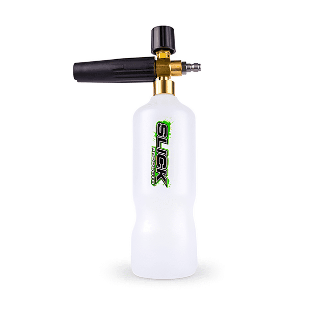 Slick Products pressure washer foam cannon with white container and black adjustable nozzle for car cleaning